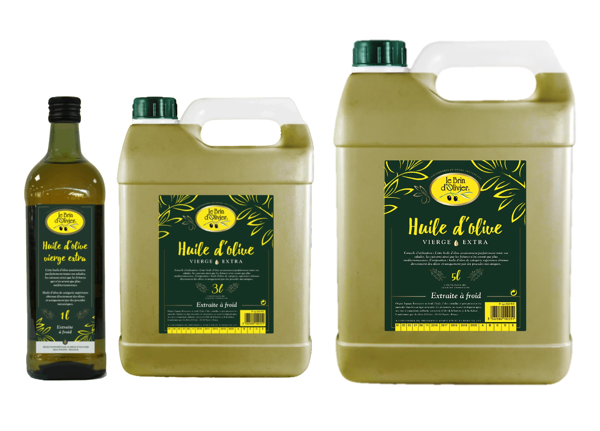 Bouteille et bidons Huile d'olive Le Brin d'Olivier